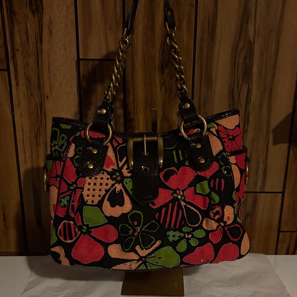 Isabella Fiore Handbags - Isabella Fiore Black and Pink Floral Satchel/Shoulder Bag